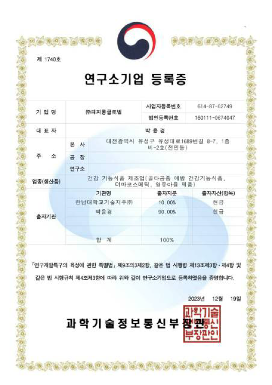 연구소기업 등록증